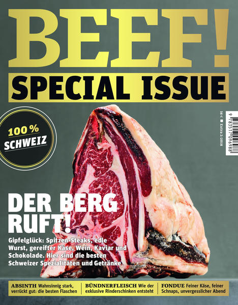 BEEF! Special Issue Schweiz: Der Berg ruft! Gipfelglück: Spitzen-Steaks, edle Wurst, gereifter Käse, Wein, Kaviar und Schokolade. Hier sind die besten Schweizer Spezialitäten und Getränke. + Absinth: Wahnsinnig stark, verrückt gut - die besten Flaschen + Bündnerfleisch: Wie der exklusive Rinderschinken entsteht + Fondue: Feiner Käse, feiner Schnaps, unvergesslicher Abend BEEF! – das ist das erste Kochmagazin für Männer. Edel, informativ, klug und humorvoll. BEEF! liefert seinen Lesern anspruchsvolle, exklusiv entwickelte Rezepte