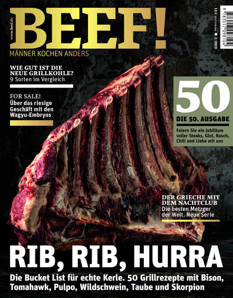 50. Ausgabe - ein Jubiläum voller Steaks, Glut, Rauch, Chili und Liebe In diesem Heft: -Rib, Rib, hurra! Die Bucket List für echte Kerle. 50 Grillrezepte mit Bison, Tomahawk, Pulpo, Wildschwein, Taube und Skorpion. -Wie gut ist die neue Grillkohle? 9 Sorten im Vergleich. -For Sale! Über das riesige Geschäft mit den Wagyu-Embryos. -Die besten Metzger der Welt - neue Serie! Ausstattung: mit zahlreichen Farbfotos