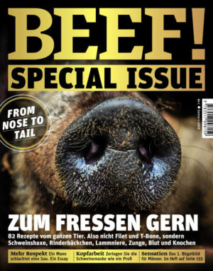 Zum Fressen gern - from Nose to Tail BEEF! ist Deutschlands erstes Food-Bookazine für Männer, die leidenschaftlich gern kochen, essen und genießen. In diesem Special-Issue-Heft geht es um das "From Nose to Tail" Prinzip. Und so gibt es 82 Rezepte vom ganzen Tier, also nicht Filet und T-Bone, sondern Schweinshaxe, Rinderbäckchen, Lammniere, Zunge, Blut und Knochen. Außerdem: Mehr Respekt - ein Mann schlachtet eine Sau