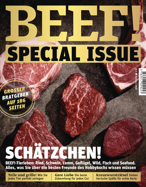 BEEF! special - Schätzchen! Beef!-Tierleben Dieses BEEF! special issue ist eine wahre BEEF!-Bibel - in der alles über Rind, Schwein, Lamm, Geflügel Wild, Fisch und Seafood geschrieben steht! Mit großem Bratgeber auf 186 Seiten! Außerdem: -Teile und grille - Wie Sie jedes Tier perfekt zerlegen -Gare Liebe - Die beste Zubereitung für jeden Cut -Kreuzwursträtsel - Sieben tierische Späße für Kerle Ausstattung: mit zahlreichen Farbfotos