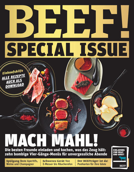 Mach Mahl! In BEEF special 2/20 heisst es "Mach Mahl - die 10 besten Freunde einladen und kochen, was das Zeug hält - 10 bombige Vier-Gänge-Menüs für unvergessliche Abende". Außerdem: -Spülgang - beste Aperitifs, Weine und Champagner -Schweres Gerät - Von E-Messer bis Räucherofen Als Extras gibt es Postkarten vom BEEFträger für Ihre Gäste und alle Rezepte auch als Download! Ausstattung: mit zahlreichen Farbfotos