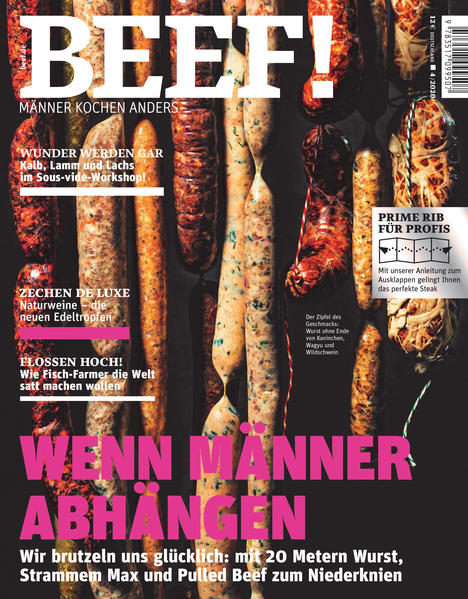 BEEF! Männer kochen anders Wenn Männer abhängen (Wir brutzeln uns glücklich: Mit 20m Wurst, strammem Max und pulled Beef zum Niederknien) Wunder werden gar (Kalb, Lamm und Lachs im Sous-vide-Workshop) Zechen de Luxe (Naturweine - die neuen Edeltropfen) Flossen hoch (Wie Fisch-Farmer die Welt satt machen wollen) BEEF! ist klug, humorvoll, sexy und hat Haltung. Das innovative Konzept von BEEF! ist einzigartig auf dem deutschen Zeitschriftenmarkt. BEEF! widmet sich Männern, die sich leidenschaftlich gern mit High-End-Materialien und -Lebensmitteln umgeben. Der Mix von je einem Drittel Rezepten, Reportagen und Lifestyle macht BEEF! zu einem Solitär auf dem Markt. Ausstattung: mit zahlreichen Farbfotos