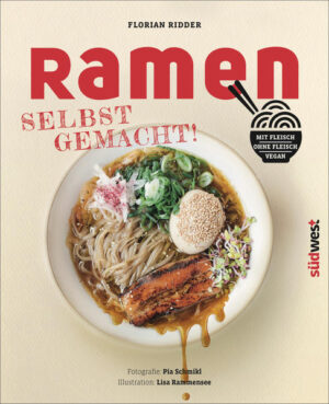 Japanisches Soulfood für alle! Japanisches Soulfood für alle! In diesem Buch dreht sich alles um die berühmten japanischen Nudeln. Ramen sind wie ein Drei-Gänge-Menü in einem Gericht: Man hat eine Suppe, die Nudeln als Hauptgang und die Toppings sind so etwas wie die Vorspeise. Das Tolle an Ramen ist, dass man die unterschiedlichen Zutaten ganz nach Belieben, Geschmack oder Ernährungsstil kombinieren kann. Während seiner Tätigkeit als Koch in Asien hat sich Florian Ridder besonders mit Ramenrezepten befasst, die er jetzt einem deutschen Publikum zugänglich macht. Wer bei all den Fachbegriffen rund um die japanische Delikatesse wie etwa Shoyu, Dashi, Miso, Umami oder Furikake den Überblick verliert, der braucht dieses Buch: Mit detailreichen Erklärungen, farbenfrohen Illustrationen, hochwertigen Fotografien und kreativen Rezepten kann jeder selbst seine eigenen ganz besonderen und geschmacksintensiven Ramen zubereiten. Ausstattung: circa 100 farbige Abbildungen