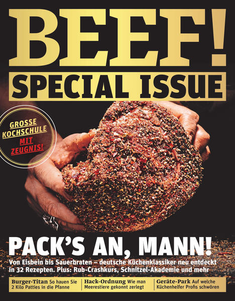 Männer kochen anders! Die Kochschule Dieses BEEF! special issue steht unter dem Motto "Pack´s an, Mann": Von Eisbein bis Sauerbraten - deutsche Küchenklassiker neu entdeckt in 32 Rezepten. Plus: Rub-Crashkurs, Schnitzel-Akademie und mehr. Und es gibt eine große Kochschule - mit Zeugnis! Außerdem: -Burger-Titan: So hauen Sie zwei Kilo Patties in die Pfanne -Hack-Ordnung: Wie man Meerestiere gekonnt zerlegt -Geräte-Park: Auf welche Küchenhelfer Profis schwören Ausstattung: mit zahlreichen Farbfotos