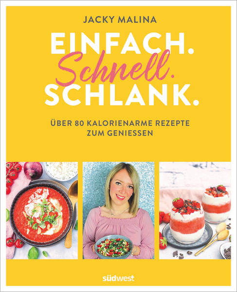 Koch dich leicht mit Jacky! Jacky Malina - bekannt von ihrem gleichnamigen Blog und Instagram-Account - motiviert und inspiriert. Wer nicht lange in der Küche stehen möchte und sich mit wenigen Zutaten einfach, aber lecker schlank kochen möchte, der ist bei ihr genau richtig. Sie hatte selbst einige gescheiterte Crash-Diäten hinter sich und irgendwann die Nase voll von Verzicht und dem ewigen Jo-Jo-Effekt, als sie sich schließlich bei WW® (früher Weight Watchers®) anmeldete. Mit einer langfristigen, gesunden Ernährungsumstellung hat sie es geschafft, ihr persönliches Wohlfühlgewicht zu erreichen. Gleichzeitig entdeckte sie die Liebe zum Kochen und Backen und teilt ihre Rezepte seitdem regelmäßig mit ihren vielen begeisterten Fans und Followern. In ihrem ersten Kochbuch gibt es jetzt 80 leckere Schlankrezepte à la Jacky, bei denen man auf nichts verzichten muss. Ausstattung: ca. 80 Farbfotos