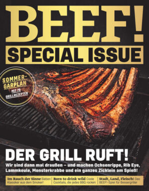 Der Grill ruft! BEEF! Special Issue zum Sommergrillen Die erste SPEZIAL-Ausgabe 2022 erscheint zum Thema Sommergrillen mit einem Sommergarplan incl. 70 Grillrezepten. -Der Grill ruft - wir sind dann mal draußen und machen Ochsenrippe,m Rib Eye, Lammkeule, Monsterkrabbe und ein ganzes Zicklein am Spieß! Außerdem: -Im Rauch der Sinne - Sieben Klassiker aus dem Smoker -Born to drink wild - Coole Cocktails, die jedes BBQ rocken -Stadt, Land, Fleisch - Das BEEF!-Spiel für Bessergriller Ausstattung: mit zahlreichen Farbfotos