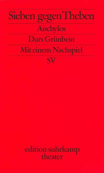 ödipus hatte verfügt, daß sich seine Söhne, Eteokles und Polyneikes, in der Regentschaft Thebens jährlich abwechseln sollten. Als Eteokles seine Ablösung verweigert, rüsten die Söhne zum Bürgerkrieg: Der Botenbericht von den maßlosen Prahlreden der sieben Anführer des Angreiferheeres, allen voran Polyneikes, die hart dagegen gesetzten Repliken des Eteokles und die Kommentare des Chors entwickenl eine erbarmungslose Dynamik. »Grünbein bringt den großen Text noch einmal mächtig zum Klingen: Ohne beflissene Aktualisierung, ohne modernen Jargon evoziert er Wahrheit der Poesie.« So rühmt Kurt Flasch Grünbeins übersetzerkunst in der FAZ. Nach Aischylos' Die Perser und Senecas Thyestes hat Grünbein nun auch Aischylos' Sieben gegen Theben ins Deutsche übertragen, das am 20. Juni 2002 unter der Regie von Valery Fokin am Düsseldorfer Schauspielhaus uraufgeführt wurde.