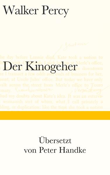 Die Filmbesuche des Kinogehers lassen sich nicht als triviale Zerstreuung verstehen, sie offenbaren ihm die Einsamkeit und Hilflosigkeit seiner Suche. Doch jene Suchen, von denen die Filme erzählen, sind verfälscht: Der Held und Außenseiter endet glücklich als Konformist in der Menge. Die Mutter des Kinogehers, die ihr Kind der vornehmen Verwandtschaft überließ, als sie den einfachen zweiten Mann heiratete, eine Schafferin, die das hier und jetzt Notwendige ohne viel Worte tut, gibt dem Sohn einen Hinweis, als sie in ihrer unsentimentalen Art ihm von der Unrast und den Depressionen seines Vaters, des Arztes, berichtet. Schließlich findet der Kinogeher einen Weg, auf dem er zu suchen beginnen kann. Der Weg führt fort von leicht verdientem Geld und schönen Mädchen, fort auch von spektakulärer Leistung ... »Eine seltene wahre Geschichte« nennt der Üersetzer Peter Handke den Roman, den ersten des Autors, der 1961 mit dem National Book Award ausgezeichnet wurde und Walker Percy sofort bekannt machte.