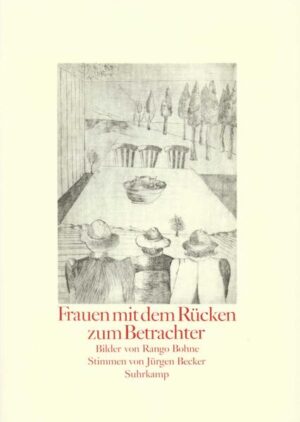 "Die neunzehn Stimmen Jürgen Beckers sind allesamt nach den Radierungen Rango Bohnes entstanden. Die Malerin arbeitete daran, mit Unterbrechungen, seit 1983, an der immer wiederkehrenden Variation eines Motivs, das allen Blättern gemeinsam ist: eine oder mehrere weibliche Figuren wenden dem Betrachter den Rücken, allenfalls das Profil zu