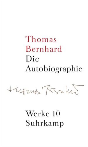 Nach den ersten fünf Bänden mit frühen Romanen, teilweise unbekannten Erzählungen und Dramen (Bde. 1, 2, 11, 14 und 15) folgen nun, erstmals in einem Band versammelt, Bernhards autobiographische Schriften (Band 10) und sein dritter Roman Das Kalkwerk (Band 3). In Band 10 sind die fünf autobiographischen Bücher Die Ursache, Der Keller, Der Atem, Die Kälte und Ein Kind, zwischen 1975 und 1982 erschienen, zum ersten Mal in einem Band versammelt. Zur Erinnerung: Die Leser erwarten von diesen Texten Aufschluß über den »wahren« Thomas Bernhard. Doch die autobiographischen Bücher sind weniger Dokumente seines Lebens, sondern vollendete Literatur.