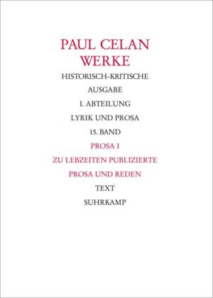 Mit den beiden letzten Bänden 15 und 16 der historisch-kritischen Ausgabe der Werke Paul Celans (»Bonner Ausgabe«) tritt die Prosa in den Blickpunkt, nachdem mit den Bänden 1-14 das lyrische Werk vollständig ediert vorliegt. Im Zentrum des Doppelbandes 15 steht die Edition sämtlicher Fassungen von Celans Büchner-Preisrede »Der Meridian« von 1960, eines der bedeutendsten und meistgedeuteten poetologischen Texte des 20. Jahrhunderts. In chronologischer Folge enthält der Band darüber hinaus die von Celan zwischen 1948 und 1969 publizierten Prosatexte und Reden und seine namentlich gezeichneten Beiträge zu russischen Autoren, einschließlich des zu Lebzeiten nicht im Druck erschienenen, 1960 gesendeten Rundfunkessays über Mandelstamm. In einem dritten Teil werden Celans veröffentlichte Antworten auf Anfragen von Zeitschriften und Anthologien publiziert. Am Schluss des Bandes findet sich der 1948 gemeinsam mit Edgar Jené unterzeichnete frühe Prosatext »Eine Lanze«. Band 15.1 bietet die kritisch edierten Texte, Band 15.2 editorische Vorbemerkung, Textzeugenübersichten und textgenetische Darstellungen. Die historisch-kritische »Bonner Ausgabe« (BCA), herausgegeben von der Bonner Forschungsstelle Paul Celan, ist die umfangreichste und maßgebliche Edition von Celans dichterischem Werk einschließlich ihrer sämtlichen Vorstufen. Sie umfasst 16 Bände, von denen das »Lyrische Werk« in 14 Bänden bereits vorliegt. Der letzte Band 16 erscheint voraussichtlich 2015.