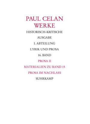 Mit den Bänden 15 (bereits erschienen) und 16 der Historisch-kritischen Ausgabe der Werke Paul Celans (Bonner Ausgabe) tritt die Prosa in den Blickpunkt, nachdem mit den Bänden 1-14 das lyrische Werk vollständig ediert vorliegt. Im Zentrum des Bandes 16 steht die Edition sämtlicher vorbereitender Materialien zur Büchner-Preis-Rede Der Meridian von 1960, einem der bedeutendsten und meistgedeuteten poetologischen Texte des 20. Jahrhunderts. Es schließt sich die Edition diverser unveröffentlichter Ensembles wie Umkreis Gegenlicht, Gegen das Gelichter, Erzählerisches, Poetologisches und Szenisches an. Ergänzt wird der Band durch einen reichhaltigen, über einhundertseitigen Anteil von Faksimiles und einen Index. Mit diesem Band ist die Historisch-kritische Ausgabe von Lyrik und Prosa Paul Celans, besorgt von der Bonner Arbeitsstelle für die Celan-Ausgabe, nach über 40 Jahren der Planung und Ausführung abgeschlossen. Sie ist die umfangreichste Edition von Celans dichterischem Werk.