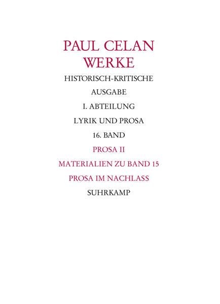 Mit den Bänden 15 (bereits erschienen) und 16 der Historisch-kritischen Ausgabe der Werke Paul Celans (Bonner Ausgabe) tritt die Prosa in den Blickpunkt, nachdem mit den Bänden 1-14 das lyrische Werk vollständig ediert vorliegt. Im Zentrum des Bandes 16 steht die Edition sämtlicher vorbereitender Materialien zur Büchner-Preis-Rede Der Meridian von 1960, einem der bedeutendsten und meistgedeuteten poetologischen Texte des 20. Jahrhunderts. Es schließt sich die Edition diverser unveröffentlichter Ensembles wie Umkreis Gegenlicht, Gegen das Gelichter, Erzählerisches, Poetologisches und Szenisches an. Ergänzt wird der Band durch einen reichhaltigen, über einhundertseitigen Anteil von Faksimiles und einen Index. Mit diesem Band ist die Historisch-kritische Ausgabe von Lyrik und Prosa Paul Celans, besorgt von der Bonner Arbeitsstelle für die Celan-Ausgabe, nach über 40 Jahren der Planung und Ausführung abgeschlossen. Sie ist die umfangreichste Edition von Celans dichterischem Werk.