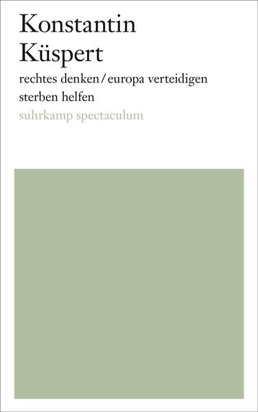 In den Theaterstücken von Konstantin Küspert geht es um Fremdenfeindlichkeit (rechtes denken), um die Wertegemeinschaft Europa vor dem Hintergrund seiner kriegerischen Auseinandersetzungen (europa verteidigen) oder um den Wert menschlichen Lebens (sterben helfen). Küspert lässt sich leiten von gesellschaftspolitischen und wissenschaftlichen Diskursen und weitläufigen Recherchen und entwickelt daraus mit feinem Humor und schöner Erzählkraft eigenwillige, jeweils unterschiedliche Formensprachen für die zeitgenössische Bühne. sterben helfen ist ein klassisches well-made-play, das die Debatte um Sterbehilfe in eine nahe Zukunft verlegt, in der ein Selbstmord Pflicht ist, sobald eine Erkrankung oder das Alter das Leben als unästhetisch oder zu teuer erscheinen lässt. europa verteidigen ist eine rasante Collage, die historisches Material, Mythologie und Fiktion vereint. rechtes denken schließlich ist die Montage dreier Handlungsstränge - der Gestalt gewordene Hobbes'sche Leviathan, eine deutsche Familie am Mittagstisch, die Liebesgeschichte eines Burschenschafters mit einer Schauspielerin -, die mit viel Irritationspotenzial zu den Ursprüngen von gesellschaftlicher Ausgrenzung und Nationalismus führt. Das politische Theater hat in Konstantin Küspert einen produktiven, unterhaltsamen und provozierenden Vertreter der jungen deutschsprachigen Dramatik. »Küsperts Texte heben sich in der Theaterlandschaft ab, weil sie, bei aller stilistischen Komplexität, auffallend aufrichtig wirken. Es sind Angebote, einen Schritt zurückzutreten, heraus aus dem ewigen Wiederkäuen von Meinungen, die gerade dabei sind, Wissen und Erkenntnis den Rang abzulaufen.« Süddeutsche Zeitung