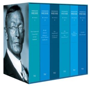 Diese Ausgabe in sechs Bänden enthält Hermann Hesses sämtliche Romane und seine wichtigsten Erzählungen. Darüber hinaus versammelt sie eine Auswahl seiner schönsten Gedichte. Ein Band mit den Aufzeichnungen Wanderung, Kurgast, Die Nürnberger Reise und anderen autobiographischen Schriften erlaubt einen Einblick in die Werkstatt des Dichters, während der letzte Band seine bedeutenden Einsichten zu Religion, Kunst, Reisen, Natur und Zeitgeschehen zusammenfasst und mit einer Sammlung von Briefen an junge Menschen abschließt.