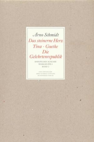 Arno Schmidt war mit seinem Roman Das Steinerne Herz noch vor Uwe Johnson der erste Schriftsteller überhaupt, der das gespaltene Deutschland literarisch zum Thema gemacht hat. Obwohl die Geschichte um die Machenschaften eines Büchersammlers bereits in einer sexuell, politisch und religiös entschärften Fassung publiziert wurde, rief die deutsche Literaturkritik voller Entsetzten aus: »Gott schütze die deutsche Literatur!« Im Rahmen der Bargfelder Ausgabe liegt einer der unterhaltsamsten und sprachmächtigsten Romane der Nachkriegsliteratur erstmals in der unzensierten Fassung vor. Die beiden Capriccios Tina (1956) und Goethe (1957) - hinreißende Stücke, in denen man durch eine Litfaßsäule in Darmstadt direkt in ein unterirdisches Elysium keineswegs toter Dichter gelangt oder von einem nächtlichen Besuch Goethes beim Kollegen Schmidt erfährt - nannte Arno Schmidt »Satyrstücke leerer Stunden, wenn mich der ganze Betrieb (...), ob hiesiges Literatengewäsch, ob Großstadtgetue, wieder einmal so sehr anstinken, dass ich mir nicht anders zu helfen weiß.« Im Spiel mit Elementen des Science-Fiction-Romans, gibt Schmidt in Die Gelehrtenrepublik (1957), einer düsteren Utopie, das Bild einer atomar verseuchten Erde, die von liebeshungrigen Zentaurenweibchen und Mörderspinnen bevölkert wird.