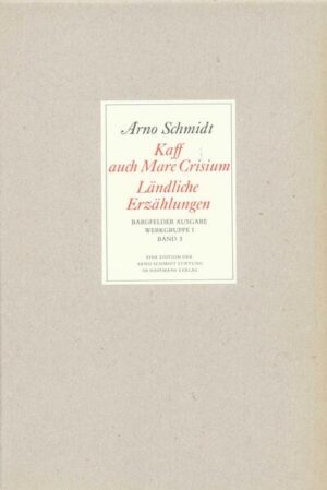 »Kaff beendet. Ein großartiges, wildes, trauriges Buch. (...) Du bist und bleibst unser größter Sprach-Meister«, schreibt Alfred Andersch 1961 an Arno Schmidt nach der Lektüre von dessen ein Jahr zuvor erschienenem Roman Kaff auch Mare Crisium. Das Buch markiert im Werk Schmidts einen übergang. Schon beim bloßen Durchblättern merkt der Leser, daß hier etwas grundlegend Neues vorliegt. Der übliche Textblock teilt sich in zwei ineinandergreifende Spalten auf, um die beiden Spielebenen der Handlung deutlich zu machen. Erzählt wird die Geschichte des Lagerbuchhalters Karl Richter, 46jährig und herzkrank, der zusammen mit seiner spröden Freundin Hertha Theunert, Textilzeichnerin in der gleichen Firma, seine Tante Heete in der Lüneburger Heide besucht. Auf Spaziergängen in der Umgebung versucht Karl, Hertha mit einer aberwitzigen Geschichte zu unterhalten: Nach einer atomaren Katastrophe haben sich Amerikaner und Russen auf den Mond zurückgezogen und einen neuen Ost-West-Konflikt begonnen. In diesem Band enthalten sind schließlich die zehn Erzählungen von Kühe in Halbtrauer (1964). Sie spielen allesamt in ländlicher Umgebung, statten jedoch scheinbar alltägliche Ereignisse wie das Einzäunen eines Grundstücks mit mythologischem und psychoanalytischem Unterfutter aus.