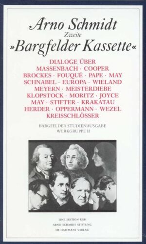 Dialoge 1: (II/1.1) Massenbach / Siebzehn sind zuviel! / Nichts ist mir zu klein / Anachronismus als Vollendung / Samuel Christian Pape / Vom neuen Grossmystiker / (II/1.2)Herrn Schnabels Spur / Das schönere Europa / Wieland oder die Prosaformen / Dya Na Sore / Die Meisterdiebe / Klopstock oder verkenne dich selbst / Die Schreckensmänner Dialoge 2: (II/2.1) Der Bogen des Odysseus / Abu Kital / Der sanfte Unmensch / Krakatau / Herder / Vorspiel / Hundert Jahre / Belphegor / Die Kreisschlösser (II/2.2) Müller / / Der Waldbrand / Tom All Alone´s / Angria & Gondal / Das Geheimnis von Finnegans Wake Dialoge 3: (II/3.1) Eberhard Schlotter: Das zweite Programm / Der Triton mit dem Sonnenschirm / Old Shatterhand und die Seinen / Ein unerledigter Fall / Und dann die Herren Leutnants! / Der Ritter vom Geist (II/3.2) Eine Schuld wird beglichen / Das Buch Jedermann / Der Titel aller Titel! / Was wird er damit machen? / Denn heisst / Der Vogelhändler von Imst