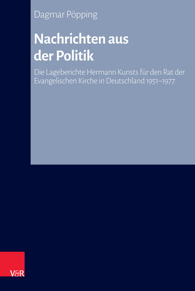 Fast drei Jahrzehnte lang-1949 bis 1977-nahm Hermann Kunst als Bevollmächtigter des Rates der Evangelischen Kirche in Deutschland (EKD) in Bonn die Interessen seiner Kirche in den staatlichen und politischen Institutionen der Bundesrepublik wahr. Er verteidigte die gesetzlich verankerten Privilegien der Kirche, gestaltete die Beziehungen zur DDR und übte Einfluss auf verschiedene Gesetzgebungsprojekte der Bundesregierung aus. Das Wirken dieses Kirchendiplomaten vollzog sich überwiegend außerhalb der öffentlichen Wahrnehmung und Kontrolle. Die hier von Dagmar Pöpping präsentierten Lageberichte für den Rat der EKD vermitteln erstmals detaillierte Aufschlüsse über die Sicht Hermann Kunsts auf das politische Zeitgeschehen. Es entsteht ein dichtes Bild der kleinen und großen politischen Ereignisse der Zeit, aber auch ein Eindruck von den Wahrnehmungsmustern des Berichterstatters, die vielfach repräsentativ für einen konservativen evangelischen Kirchenmann dieser Jahre sind. Darüber hinaus finden sich Hinweise auf die Netzwerke und politischen Visionen Kunsts sowie dessen so erfolgreich vertretenes Konzept von der Kirche als loyale Partnerin und moralische Stütze des Staates.