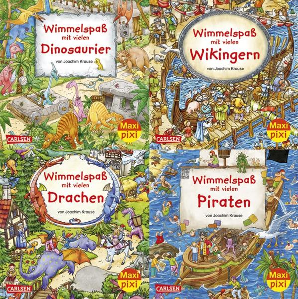 Wimmelspaß für unterwegs! In dieser Maxi- Pixi- Serie sind vier spannende und lustige Wimmelbücher versammelt: Im Dino- Land ist ganz schön viel los, bei Piraten und Wikingern warten neue Abenteuer, und wer traut sich in die Drachenhöhle? Seite für Seite kunterbunte Wimmelbilder zum Suchen, Staunen und Weitererzählen. Maxi Pixi - die kleinen großen Bilderbücher im Softcover.