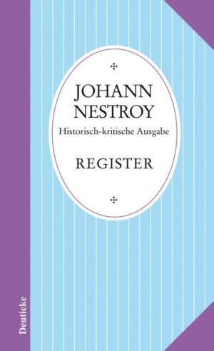 Der Registerband zur historisch-kritischen Nestroy-Ausgabe wird folgende Abschnitte enthalten: Personen-, Titel- und Ortsregister, Coupletverzeichnis, Rezensentenregister und Gesamtbibliographie. Diese Verzeichnisse erlauben nicht nur eine gezielte Suche in der 54 Einzelbände umfassenden neuen Nestroy-Ausgabe, sondern enthalten auch verschiedene Zusatzangaben zur besseren Orientierung: Das Personenregister enthält nach Möglichkeit auch Lebensdaten, im Titelregister werden auch Autor beziehungsweise Komponist genannt. Das Coupletverzeichnis weist in einer mehrspaltigen Liste auch Rolle und Schauspieler der Uraufführung aus. Das Rezensentenregister bietet zusätzlich Angaben über Zeitschriften und Aufführungsorte von Gastspielen.