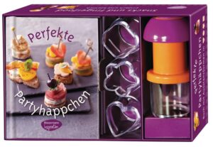 Partyhäppchen formvollendet Sie dürfen auf keiner Party fehlen: appetitliche Häppchen, verlockende Mini-Sandwiches und köstliche Spießchen. Dieses attraktive Set bietet sowohl ein Buch mit 24 tollen Rezepten für die leckeren Kleinigkeiten als auch einen extrahohen Ausstecher mit Auswerfer und vier verschiedenen Ausstanzformen. Langweilige Häppchen waren gestern. Peppige Mini-Sandwiches gibt's heute.