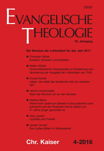 Hauptartikel-Christoph Kähler: Erhalten, Erneuern und Ersetzen. Die Revision der Lutherbibel 2017-Stefan Michel: Kirchenhistorische Hintergründe zur Entstehung und Normierung der Ausgabe der Lutherbibel von 1545-Ursula Kocher: Lieber, wie redet der Deudsche man jnn solchem fall? Die Revision der Lutherbibel 2017 aus germanistischer Sicht-Helmut Utzschneider: Nach der Revision ist vor der Revision. Ein Werkstattbericht zur Durchsicht der Lutherbibel (Altes Testament) am Beispiel des Buches Exodus-Martina Böhm: Warum sich Josef nun (besser) in das judäische Land aufmacht und die Prophetin Hanna (leider) um 21 Jahre jünger geworden ist. Chancen und Probleme der Revision der Lutherbibel, an Beispielen aus dem Lukasevangelium gezeigt-Jörg Lauster: Loyalität und Freiheit. Systematisch-theologische Erwägungen zum Thema der Bibelübersetzung aus Anlass der Lutherbibel 2017-Jochen Arnold: Die (Luther-)Bibel im Gottesdienst. Überlegungen zur Prägekraft des evangelischen Gottesdienstes für Glaube und Leben