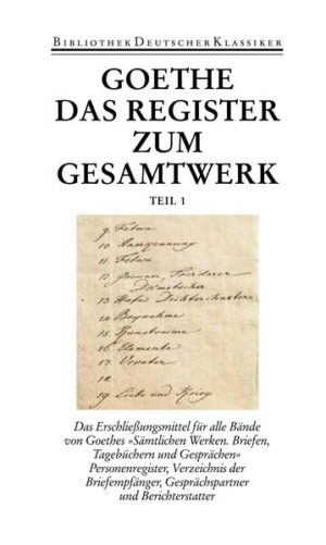 Die maßgebliche Goethe-Ausgabe unserer Zeit findet mit den Registerbänden ihren Abschluß. Die Bände enthalten ausführliche, die Kommentare einschließende Register der Namen (einschließlich mythischer Figuren, biblischer Gestalten, Periodika, Institutionen und der Werken der aufgeführten Schriftsteller, bildenden Künstler und Komponisten) und Orte (mit Feingliederung), der Briefempfänger und Gesprächspartner, ein alphabetisches Gesamtinhaltsverzeichnis, das zugleich als Goethe-Werkregister fungiert, ein komplettes Verzeichnis der Gedichtanfänge und -überschriften, das auch die in Dramen und Romanen enthaltenen Gedichte erfaßt, sowie ein fortlaufendes Inhaltsverzeichnis über alle 39 Bände.