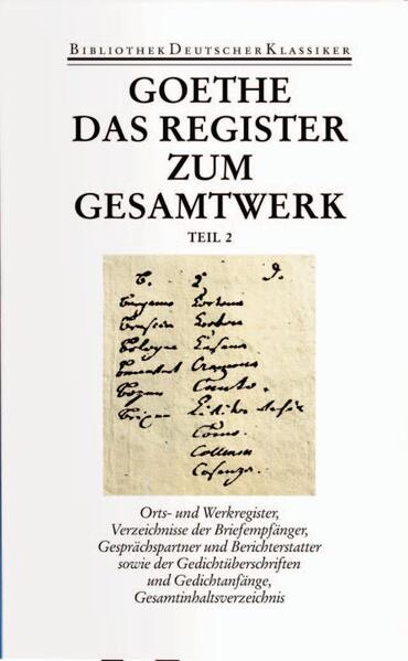 Die maßgebliche Goethe-Ausgabe unserer Zeit findet mit den Registerbänden ihren Abschluß. Die Bände enthalten ausführliche, die Kommentare einschließende Register der Namen (einschließlich mythischer Figuren, biblischer Gestalten, Periodika, Institutionen und der Werken der aufgeführten Schriftsteller, bildenden Künstler und Komponisten) und Orte (mit Feingliederung), der Briefempfänger und Gesprächspartner, ein alphabetisches Gesamtinhaltsverzeichnis, das zugleich als Goethe-Werkregister fungiert, ein komplettes Verzeichnis der Gedichtanfänge und -überschriften, das auch die in Dramen und Romanen enthaltenen Gedichte erfaßt, sowie ein fortlaufendes Inhaltsverzeichnis über alle 39 Bände.