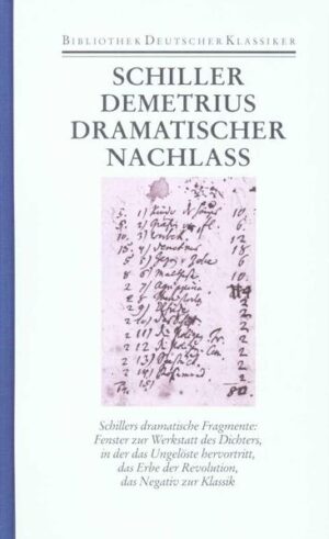 "Sobald ein Text von ihm gedruckt war, vernichtete Schiller meist die Manuskriptseiten. Doch die Blätter, auf denen er neben-, unter- oder hintereinander, immer wieder neu ansetzend, Handlungen strukturiert, Alternativen notiert, Dialogsplitter entworfen, Szenerien konturiert hat, hob er auf - einige sogar jahrelang. Auf ihnen wird lesbar, womit der Dichter, der Historiker, der Ästhetiker nicht fertig wurde. Es sind die dramatischen Fragmente, in denen das Ungelöste hervortritt. Als materialisierten sich in den Stofffetzen und Formtrümmern die Überreste der Revolution - offene Fragen, bürgerliche Traumata, die sich nicht abschütteln ließen. Der Band enthält auch Schillers letztes Drama: den Demetrius. In einer Liste mit Argumenten gegen ein Demetrius-Drama hat Schiller u. a. notiert: »die Größe und der Umfang, daß es kaum zu übersehen«. Für das Stück aber spreche: »daß es ganz Handlung ist«