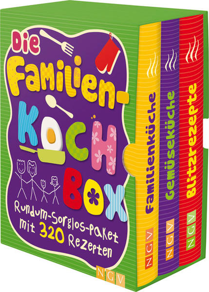 Rezepte satt für Groß und Klein. Das Set aus „Familienküche“, „Gemüseküche“ und „Blitzgerichte“ bietet Familien einen riesigen Fundus an neuen Lieblingsgerichten. Tolle Ideen für Frühstück und Pause machen fit für den Tag, schnelle Mittagsgerichte machen satt und glücklich, leckere Ideen fürs Abendessen laden die ganze Familie zum Schlemmen ein. Für eine Extraportion bunter Vitamine ist ebenso gesorgt wie für die Tage, an denen mal wieder „die Hütte brennt“ und es richtig schnell gehen muss. Natürlich kommen auch die besonderen Tage im Jahr nicht zu kurz. So gibt es jede Menge Ideen für Schlemmer-Sonntage, wenn die ganze Familien genießen möchte, oder für die nächste Geburtstagsparty, immer gemäß dem Motto: Was lecker schmeckt, muss noch lange nicht kompliziert sein.