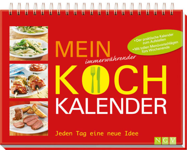 Dieser brillant bebilderte Kalender bietet eine komplette Kochrezeptsammlung für das ganze Jahr: internationale und unkomplizierte Rezepte für jeden Werktag, ein Menüvorschlag für jedes Wochenende sowie drei Festtagsmenüs für Ostern, Weihnachten und Silvester. Zu jedem Gericht gibt es ein Farbfoto, eine detaillierte Kochanleitung und hilfreiche Tipps. Die hochwertige Ausstattung ermöglicht ein stabiles Aufstellen des Kalenders. Dank diesem praktischen Begleiter bleibt Ihre Frage „Was koche ich heute?“ nie mehr unbeantwortet.