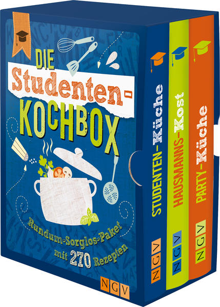 Ein leerer Bauch studiert nicht gern - 3 Kochbücher im liebevoll gestalteten Schmuckschuber - Ein ideales Geschenk für Eltern, Freunde und Verwandte zum Studienstart - Über 270 Klassiker und neue Trendrezepte für alle Gelegenheiten des Studentenlebens – ob für die nächste Party, für den Tag danach, die ganze WG oder zum Monatsende - Jedes Rezept mit brillantem Farbfoto und verständlicher Schritt-für-Schritt-Anleitung - Unschlagbares Preis-Leistungs-Verhältnis Mensa? War gestern! Ob zum Monatsende, zum Eindruckschinden, für die nächste Party, den Tag danach oder die ganze WG: Mit den sorgfältig ausgewählten 270 Rezepten in diesem praktischen Schuber sind Studenten für alle Gelegenheiten gerüstet! Von der deftigen Hausmannskost über die Partyküche bis hin zur einfachen, schmackhaften Studentenküche liefert die Box Rezepte satt, die einen nachmittags über die längste Vorlesung retten, abends für einen anstrengenden Tag belohnen oder einfach die ganze WG bei Laune halten. Dabei sind alle Rezepte brillant bebildert und mit Anleitungen versehen, bei denen auch Anfängern nichts anbrennt. Das ideale Geschenk für Eltern, Freunde und Verwandte zum Studienstart!