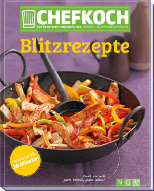 Blitzschnell kochen mit CHEFKOCH Läuft Ihnen wieder einmal die Zeit davon, und Sie haben noch nichts gegessen? In diesem Buch finden Sie garantiert die schnellsten Rezepte der CHEFKOCH-Datenbank und des gleichnamigen Magazins. Kein Rezept benötigt mehr als 30 Minuten Ihrer Zeit, viele sogar nur 20 Minuten, und schon haben Sie leckere, abwechslungsreiche Gerichte auf dem Tisch. Probieren Sie den feinen Feldsalat mit Himbeeren und Walnüssen oder die cremige Bärlauchsuppe mit Crôutons. Oder genießen Sie Spargelpasta in Cremesauce, Woknudeln mit Pute und Gemüse, ein schnelles Thai-Curry oder den unwiderstehlichen Flammkuchen mit Ziegenkäse. Zum süßen Abschluss locken gegrillte Pfirsiche mit Thymian und Rosmarin oder Beeren-Halbgefrorenes. - Endlich in Buchform: Die besten CHEFKOCH-Rezepte - Alle Rezepte vielfach getestet und von Nutzern der CHEFKOCH-Website bewertet - Jedes Rezept mit brillantem Farbfoto