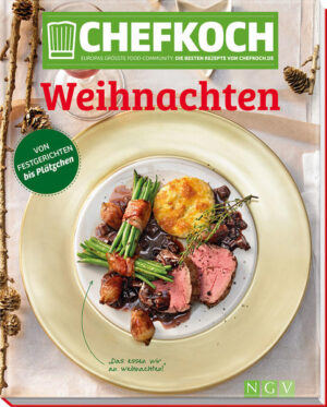 Die besten Rezepte zum Fest von CHEFKOCH Nichts ist schöner als die Vorfreude auf eine gemütliche Adventszeit und schöne Festtage im Kreis der Familie. Doch wenn es um neue Plätzchenrezepte oder das passende Festmenü geht, bricht schnell wieder Hektik aus. Dieses Jahr wird alles anders! Mit den vielfach getesteten und leicht zuzubereitenden Rezepten der koch- und backbegeisterten User von CHEFKOCH.de und aus dem gleichnamigen Magazin finden Sie garantiert die richtigen Rezepte für eine entspannte Weihnachtszeit. In diesem Buch haben wir die schönsten Rezepte aus dieser riesigen Sammlung für Sie zusammengestellt – vom CHEFKOCH-Team geprüft, nachgekocht und neu fotografiert. Für den Adventskaffee füllen wir die Plätzchendose mit Spekulatiuskipferl, Pekannuss-Kaffee-Cookies und Marzipanschnittchen und reichen ein Stück schwedische Mandeltorte oder Orangen-Schoko-Torte. Wenig Aufwand, aber große Wirkung für das Abendessen, versprechen verführerische Gerichte wie Avocado-Mozzarella-Türmchen, Rinderfilet in Portweinsauce, flambiertes Riesling-Hähnchen oder Lachs im Blätterteig mit Champagner-Sauce. Köstliche Desserts wie Zimtparfait mit Karamellfrüchten, feines Orangenmousse oder Mascarpone-Birnen-Creme sind der krönende Abschluss jedes Festmenüs. Genießen Sie entspannte, genussvolle Weihnachtstage! - Über 55 festliche, leicht zuzubereitende Rezepte aus der CHERFKOCH-Community für entspannte Feiertage mit Familie und Gästen - Großes Backrezeptkapitel mit klassischen und neuen Backideen - Jedes Rezept mit brillantem Farbfoto bebildert und detaillierter Schritt-für-Schritt-Anleitung - Alle Rezepte vielfach getestet und von Nutzern der CHEFKOCH-Website bewertet