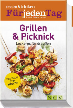 Schlemmen unter freiem Himmel • Über 260 Rezepte für draußen: Marinaden, Saucen & Dips, Ideen für den Grill, Beilagen, Salate, Herzhaftes für den Picknickkorb, Gebäck, Desserts und Getränke • Erprobt und gelingsicher • Jedes Rezept mit Farbfoto • Sammelband für Fans des beliebten Pocket-Magazins ""essen & trinken Für jeden Tag"" und solche, die es werden wollen Grillmeister und Frischluftgourmets aufgepasst: Hier kommen 265 unwiderstehliche Rezepte zum draußen Schmausen! Die kompakte Rezeptsammlung bietet Grill-Hits von Steak bis Burger, Fisch, Fleisch und Geflügel und natürlich Vegetarisches. Dazu ein buntes Grillbuffet mit Saucen, Dips, Salaten und leckeren Beilagen. Packen Sie Ihren Picknickkorb mit allem was das Herz begehrt: Häppchen, Sandwiches, Frikadellen, Wraps, herzhaften Muffins und Suppen to go. Dazu gibt es noch süße Leckereien und erfrischende Getränke von der Sommerbowle bis zum kühlen Smoothie. Mit diesem Kochbuch gönnen Sie sich viele genüssliche Stunden auf der grünen Wiese und im heimischen Garten!