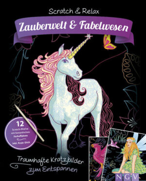 Farbenfrohe Fantasiereise • 12 fantastische Motive rund um Einhorn, Drache und mehr • Mit zauberhaften Farbeffekten und faszinierenden Mustern zum Entdecken • Bild für Bild individuell und kreativ gestalten • Jedes Scratch- Motiv auch zum Heraustrennen • Inklusive Holz- Stick zum Sofort- Loslegen Lassen Sie sich verzaubern: mit „Scratch & Relax“. Dieses magische Buch und der mitgelieferte Zauberstab ein kleiner Holz- Stick sind alles, was Sie brauchen, um in fantastische Welten zu reisen. Setzen Sie Ihrer Fantasie keine Grenzen und kratzen Sie die 12 fabelhaften Motive in diesem Buch ganz nach Ihren Wünschen frei. Unter der leicht zu entfernenden schwarzen Schicht warten Drache und Elf, Einhorn und Nixe darauf, von Ihnen zu farbenfrohem Leben erweckt zu werden. Bei Freilegung und Auswahl des Motivs helfen Ihnen bunte Umrisslinien und einige bereits freie Bildteile. Kratzen Sie kreative Muster, Linien und Punkte in das Bild, legen Sie ganze Flächen frei oder belassen Sie das Bild in Teilen schwarz wie einen geheimnisvollen Zauberwald. Es liegt ganz bei Ihnen. Sie werden merken: Schnell sind Sie beim Gestalten der Motive in Gedanken davongeflogen und Stress und Anspannung fallen wie von Zauberhand von Ihnen ab.