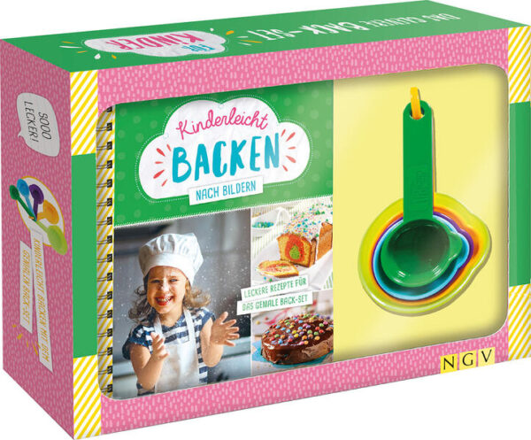 Kinderleicht backen nach Bildern • Gute-Laune-Back-Set für Kinder ab 6 Jahren: liebevolles Backbuch mit kindgerechten Rezepten und über 250 Schritt-für-Schritt Fotos plus 5 bunte Messbecher zum einfachen Abmessen der Zutaten • Mit den 5 bunten Bechern ist das Abmessen der Zutaten für die Kleinen kinderleicht und ein Riesenspaß - eine Waage wird nicht benötigt • Das dicke Backbuch enthält viele leckere Rezepte, die die Kleinen nahezu alleine nachbacken können: Schokokuss-Popcorn-Torte, Schmetterlingskuchen, süße Kekse am Stiel, Waffeln, Muffins und vieles mehr • Alle Rezepte werden Schritt für Schritt genau erklärt