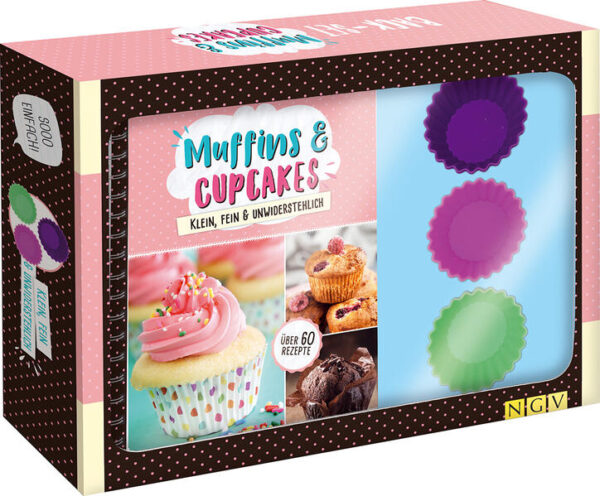 Das Geschenk-Set für alle Muffins- & Cupcakes-Fans -Große Geschenkbox: Maße 33 x 25,5 x 6,7 cm -Rezeptbuch mit über 60 Rezepten: Format 19 x 24,5 cm, 144 Seiten, Hardcover mit praktischer Spiralbindung -6 Silikon-Muffins-Förmchen in drei fröhlichen Farben zum immer wieder verwenden Lecker, vielseitig und praktisch zum Mitnehmen - Muffins und Cupcakes lieben einfach alle! Die über 60 Rezepte dieses Buches laden Sie zum Ausprobieren ein. Wetten, dass einige neue Lieblingsmuffins dabei sind? Besonders praktisch: Mit den im Set beiliegenden 6 Silikonförmchen können Sie sofort loslegen. -Kinderleichte Muffins: Ob Cheesecake-Muffins oder Apfel-Marzipan-Muffins, hier gibt’s die besten Rezepte mit wenig Aufwand. -Raffinierte Cupcakes: Lust auf Schokoladen-Cupcakes mit Frischkäse-Frosting oder Ananas-Cupcakes ohne Backen? Probieren Sie am besten alle! -Einfach herzhaft: Muffins und Cupcakes schmecken auch pikant - Spaghetti-Muffins, Zucchini-Cupcakes & Co. liefern den leckeren Beweis.