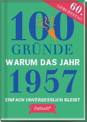 Für alle, die ihren 60. Geburtstag feiern, das perfekte Geschenk! Schenken Sie mit diesem Jahrgangsbuch 100 phantastische Gründe, warum das Jahr 1957 einfach unvergesslich ist. Das tolle Bildmaterial nimmt alle 1957- Geborene mit auf einen vergnüglichen Streifzug durch Ereignisse aus dem Weltgeschehen und dem ganz normalen Alltag von damals. Wissen Sie z. B. noch, dass im Jahr Ihrer Geburt der Vorgänger des heutigen 3D- Fernsehens entwickelt wurde? Und der Hula- Hoop- Reifen das neue Sportgerät für Jung und Alt wird? 100 interessante und unterhaltsame Ereignisse werden in diesem Buch noch einmal in Erinnerung gerufen.