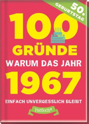 50 Jahre sind ein Grund zum Feiern und die perfekte Gelegenheit sich in Erinnerung zu rufen, warum 1967 einfach ein Spitzenjahrgang ist. Wissen Sie z. B. noch, dass im Jahr Ihrer Geburt das Farbfernsehen eingeführt wurde? Und Langnese das Cornetto Nuss auf den Markt gebracht hat? Unvergessliche Ereignisse und unvergleichbares Bildmaterial machen dieses Buch zum perfekten Geschenk zum 50. Geburtstag! 100 interessante und unterhaltsame Ereignisse werden in diesem Buch noch einmal in Erinnerung gerufen.