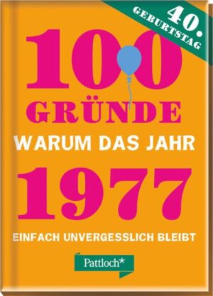 Herzlichen Glückwunsch zum 40. Geburtstag! Ein perfekter Anlass um in Erinnerungen zu schwelgen. Dieses Buch schenkt allen 1977- Geborenen eine spannende Zeitreise durch das Geburtsjahr. Wissen Sie z. B. noch, dass im Jahr Ihrer Geburt der Film „Star Wars A new hope“ seine Premiere feierte und die Rockband Queen zwei ihrer bekanntesten Songs: „We Are the Champions“ und „We Will Rock You“ veröffentlichte? Die vielen Fotos lassen jedes Herz bei diesem Geschenk höher schlagen. 100 interessante und unterhaltsame Ereignisse werden in diesem Buch noch einmal in Erinnerung gerufen.