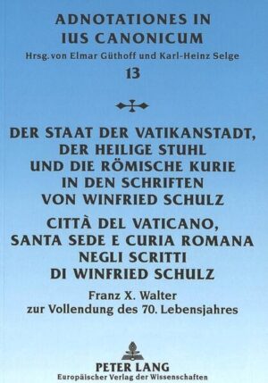 Der 1995 verstorbene Regensburger Ordinarius Winfried Schulz war von 1975 bis zu seinem Tod Professor für Vatikanisches Recht an der Juristischen Fakultät des Instituts beider Rechte der Päpstlichen Lateranuniversität zu Rom. Die Aufsätze von Winfried Schulz, die in diesem Sammelband wiederabgedruckt werden, bilden einen Querschnitt seiner Publikationen zum Staat der Vatikanstadt, zum Heiligen Stuhl und zur Römischen Kurie. Die Beiträge sind teils in deutscher, teils in italienischer Sprache. Gewidmet sei der Sammelband Franz X. Walter, einem langjährigen persönlichen Freund von Winfried Schulz, zur Vollendung seines 70. Lebensjahres.