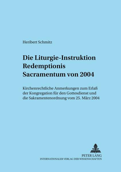 Die Römische Kurie hat im Vollzug eines Mandats des Papstes durch die Kongregation für den Gottesdienst und die Sakramentenordnung am 25. März 2004 eine Instruktion zu Fragen der Ordnung der Eucharistiefeier erlassen. Mit ihr soll Fehlentwicklungen im eucharistieliturgischen Bereich entgegengewirkt werden, die im Zuge der durch das Zweite Vatikanische Konzil initiierten Liturgiereform entstanden sind. Durch Präzisierung theologischer Prinzipien und durch praktische Verfügungen sollen Mißbräuche vermieden, behoben und geahndet werden. Die vielfältigen liturgierechtlichen Anordnungen werden unter kanonistischem Aspekt beleuchtet und kritisch untersucht.