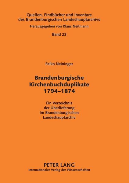 Kirchenbücher gehören zu den wichtigsten familien- und sozialgeschichtlichen Quellen. Die Kirchenbuchduplikate im Brandenburgischen Landeshauptarchiv ersetzen in vielen Fällen verlorene Originale und haben dadurch unschätzbaren Wert. Das Verzeichnis bietet einen detaillierten Nachweis der hier als Duplikat erhaltenen Jahrgänge von Tauf-, Trau- und Bestattungsregistern sowie der Konfirmanden- und Kommunikantenlisten für etwa 1900 Orte im Land Brandenburg und in heute polnischen Teilen der ehemaligen Provinz Brandenburg. Die Einleitung informiert ausführlich über Theorie und Praxis der Führung der Kirchenbücher und ihrer Sicherung durch Duplikate sowie das damit verbundene oft mühsame Zusammenwirken kirchlicher und staatlicher Stellen bis zur Einrichtung der Standesämter im Jahre 1874.