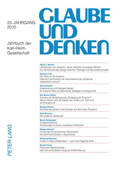 Karl Heim (1874-1958) prägte als Theologe an den Universitäten Halle, Münster und seit 1920 in Tübingen sowie von 1920 bis 1948 als Frühprediger an der Tübinger Stiftskirche Generationen von Pfarrern. Unter seinen Zuhörern befanden sich auch viele Nicht-Theologen, denn Karl Heim konnte einerseits komplizierte naturwissenschaftliche Sachverhalte erstaunlich einfach und doch zutreffend elementarisieren und andererseits den christlichen Glauben mit diesen Ergebnissen in einen fruchtbaren Dialog bringen. Der 23. Jahrgang dieses Jahrbuches konzentriert sich auf das Verhältnis von Evolution und Schöpfung einerseits sowie auf medizin- und gesellschaftsethisch relevante Problemstellungen andererseits. Auch mit diesem Jahrbuch wird die bleibende Bedeutung der Theologie Karl Heims für eine dialogfähige Theologie im 21. Jahrhundert deutlich. Volume 23 of the Yearbook of the German Karl Heim Society presents a variety of articles. Most of them are devoted to the relationship between evolution and creation, and the remainder elucidates bioethical aspects. The authors want to show the enduring significance of Karl Heim’s insistence on a dialogue between theology and the natural sciences, and to further the intention of the Karl Heim Society to present a biblical Christian orientation in a world shaped by technology and the natural sciences. Though the contributions are in German, an extensive summary in English is appended to each of them.