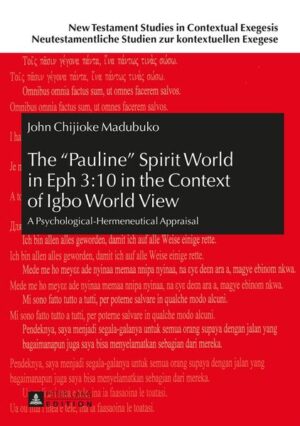 Eph 3:10 (Principalities and Authorities in the Heavenly Places) articulates the related cluster of terms that express the «Pauline» spirit world in Ephesians’. Through a psychological-hermeneutical study, this book contributes to provide a theologically-founded response to the immense challenges the spirit world apprehensions among the Igbo (Africans), pose to true discipleship in these settings. Identifying the strongly influential role played here by the Igbo traditional religion/world view(s) and the foundation of these biblical terms in the attempts at Weltbewältigung, the book highlights how proper appreciation of the Christological paraenetics of Eph enhances critical consciousness and cognitive reconstruction towards mature faith and societal betterment.