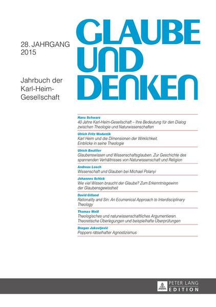 Das Jahrbuch der Karl-Heim-Gesellschaft dient der Förderung des interdisziplinären Gesprächs zwischen christlicher Theologie und den Wissenschaften. Es setzt, in der Gegenwart verantwortet, das Erbe Karl Heims fort. Heim (1874-1958) prägte als Theologe an den Universitäten Halle, Münster und seit 1920 in Tübingen sowie von 1920 bis 1948 als Frühprediger an der Tübinger Stiftskirche Generationen von Pfarrern. Unter seinen Zuhörern befanden sich auch viele Naturwissenschaftler, denn Heim konnte einerseits naturwissenschaftliche Sachverhalte zutreffend elementarisieren und andererseits den christlichen Glauben mit diesen Ergebnissen in einen fruchtbaren Dialog bringen. Der 28. Jahrgang dokumentiert die Jubiläumstagung 40 Jahre Karl-Heim-Gesellschaft und enthält weitere Beiträge zum Thema «Braucht Glauben Wissen?». Mit diesem Jahrbuch wird die bleibende Bedeutung der Theologie Karl Heims für eine dialogfähige Theologie im 21. Jahrhundert deutlich. Volume 28 of the Yearbook of the German Karl Heim Society presents a variety of articles. Most of them are devoted to the relationship between belief and knowledge. The authors want to show the enduring significance of Karl Heim’s insistence on a dialogue between theology and the natural sciences, and to further the intention of the Karl Heim Society to present a biblical Christian orientation in a world shaped by technology and the natural sciences. Though the contributions are in German, an extensive summary in English is appended to each of them.