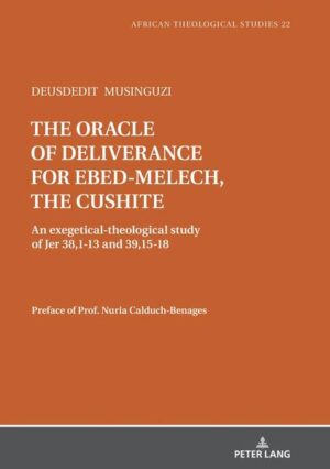 This book examines the oracle of deliverance that Yhwh communicated to Ebed-melech, the Cushite (Jer 39,15-18). In order to comprehend this analeptically presented promise, however, the research also scrutinizes two other related events in Jeremiah’s mission in the context of Jer 37-39: i) the unpleasant incident in which the Jerusalem officials maliciously threw the Lord’s messenger into the muddy cistern (Jer 38,1-6) and ii) Ebed-melech’s benevolent intervention to rescue the prophet from the water reservoir (Jer 38,7-13). In this monograph, the author uses the historical-critical method and rhetorical & narrative analyses.