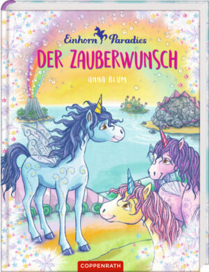 Hinter dem Horizont, am Ende des Regenbogens liegt es: das Einhorn- Paradies. Dort ist jeder Tag ein zauberhaftes Abenteuer. Im Traumriff werden Wünsche wahr, auf dem Drachenfels tummeln sich wilde Funkeldrachen und der See auf der Mondseeinsel sagt die Zukunft voraus. Das ist die Welt von Rosie, Vanilla und Blue drei kleine Einhörner mit einer ganz besonderen Gabe … »Ich bringe dir Glück«, verspricht Rosie. »Ich bin deine beste Freundin«, flüstert Vanilla und magische Sternenfunken tanzen um die zwei Einhörner. Blue seufzt, er will endlich auch zaubern können! Wie soll er sich zusammen mit seinen beiden Schwestern um das Einhorn- Paradies kümmern, wenn er den Zauber in sich noch nicht gefunden hat? Auf der Suche nach seiner Bestimmung stellt sich Blue einem waghalsigen Abenteuer und fliegt zum Drachenfels, der Insel, die noch nie zuvor ein Einhorn betreten hat. Wird dort sein sehnlichster Wunsch in Erfüllung gehen?